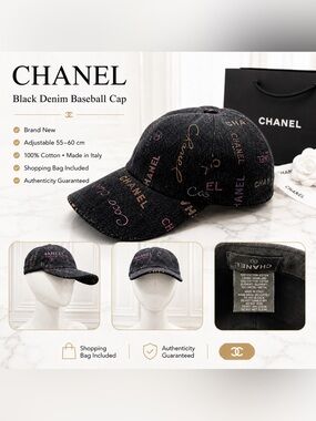 Authentic CHANEL Logo Black Denim Baseball Cap Hat Brand New